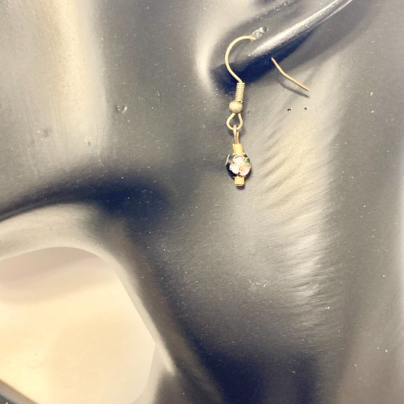 Vintage Cloisonne Bead Earrings Round Black Gold Tone Bronze Plated Dainty - Picture 6 of 13